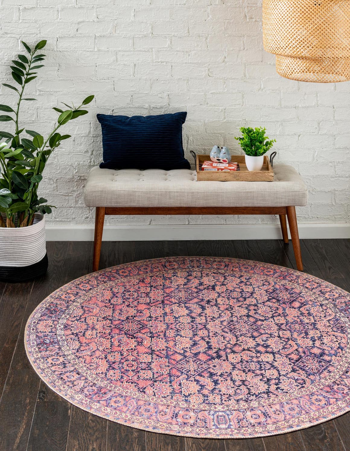 Washable Navy Blue 7' 7 x 7' 7 Timeless Round Area Rug Easy to Clean Stain Resistant & Durable Traditional Classic Vintage Design Carpet for Sale at Rug Engine