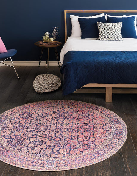 Washable Navy Blue 5' x 5' Timeless Round Area Rug Easy to Clean Stain Resistant & Durable Traditional Classic Vintage Design Carpet for Sale at Rug Engine