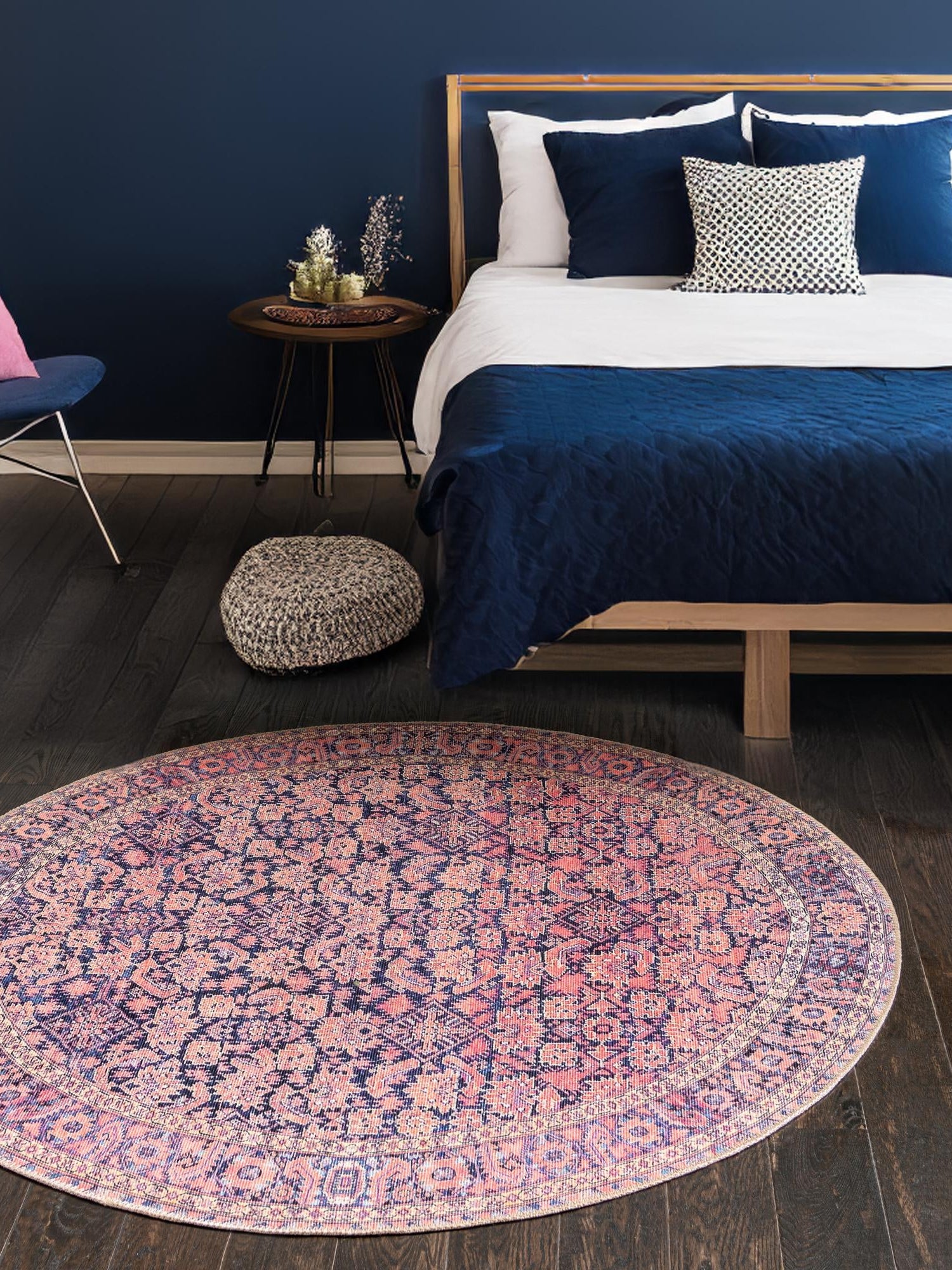 Washable Navy Blue 3' 6 x 3' 6 Timeless Round Area Rug Easy to Clean Stain Resistant & Durable Traditional Classic Vintage Design Carpet for Sale at Rug Engine