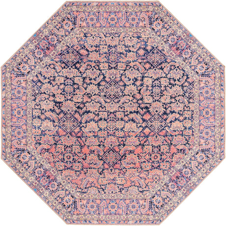 Washable Navy Blue 7' 6 x 7' 6 Timeless Octagon Area Rug Easy to Clean Stain Resistant & Durable Traditional Classic Vintage Design Carpet for Sale at Rug Engine