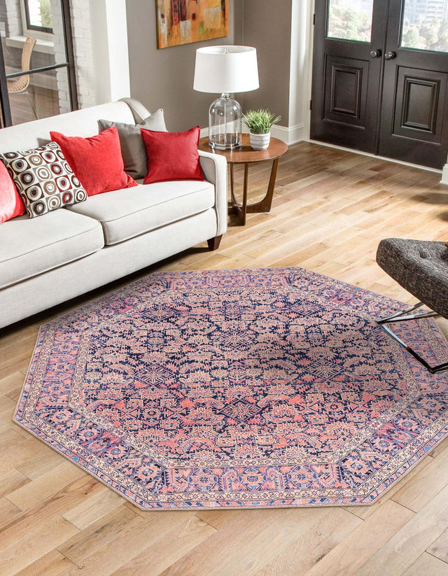 Washable Navy Blue 7' 6 x 7' 6 Timeless Octagon Area Rug Easy to Clean Stain Resistant & Durable Traditional Classic Vintage Design Carpet for Sale at Rug Engine