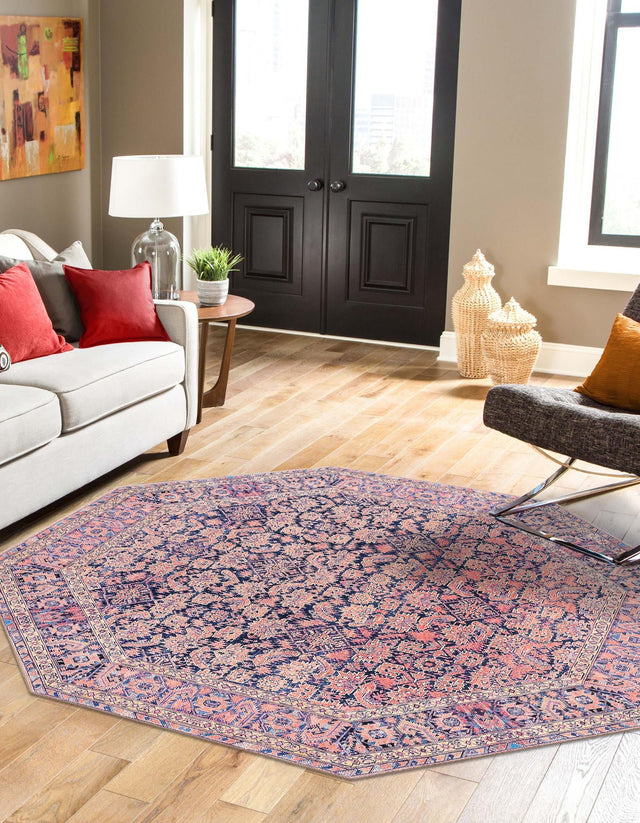 Washable Navy Blue 7' 6 x 7' 6 Timeless Octagon Area Rug Easy to Clean Stain Resistant & Durable Traditional Classic Vintage Design Carpet for Sale at Rug Engine