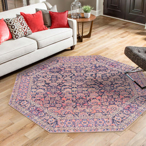 Washable Navy Blue 7' 6 x 7' 6 Timeless Octagon Area Rug Easy to Clean Stain Resistant & Durable Traditional Classic Vintage Design Carpet for Sale at Rug Engine