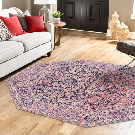 Washable Navy Blue 7' 6 x 7' 6 Timeless Octagon Area Rug Easy to Clean Stain Resistant & Durable Traditional Classic Vintage Design Carpet for Sale at Rug Engine