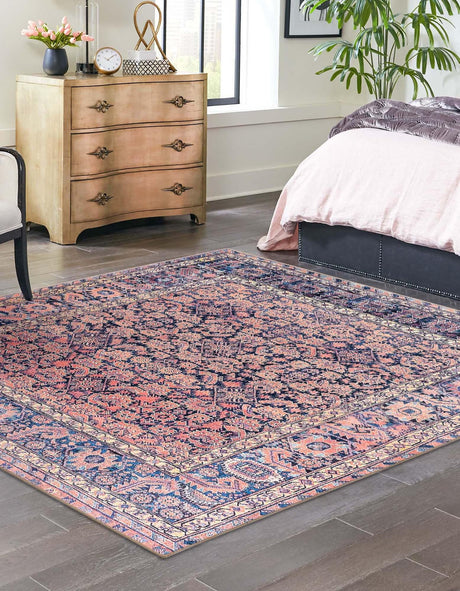 Washable Navy Blue 7' 6 x 7' 6 Timeless Square Area Rug Easy to Clean Stain Resistant & Durable Traditional Classic Vintage Design Carpet for Sale at Rug Engine