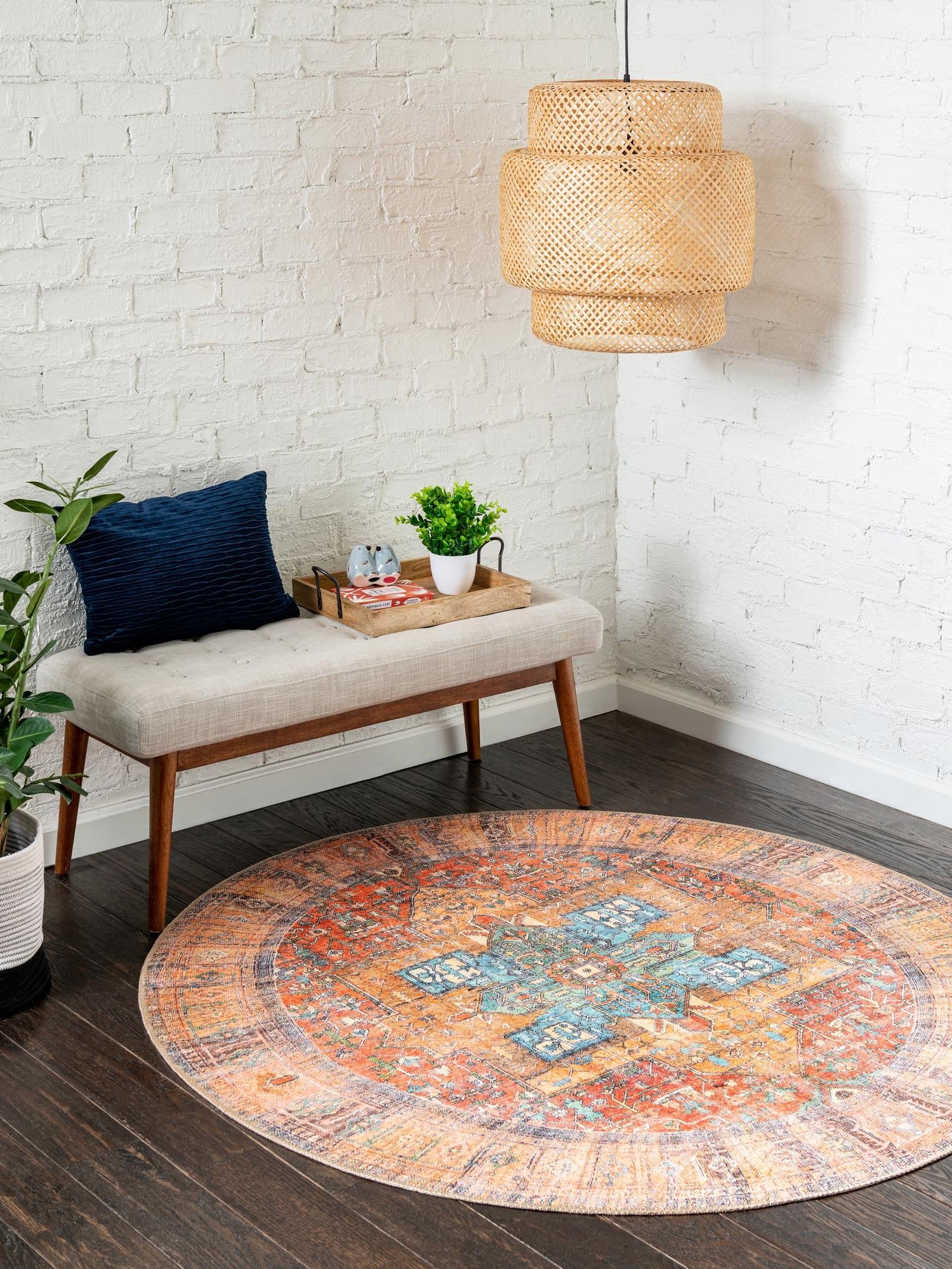 Washable Rust Red 5' x 5' Timeless Round Area Rug Easy to Clean Stain Resistant & Durable Traditional Classic Vintage Design Carpet for Sale at Rug Engine