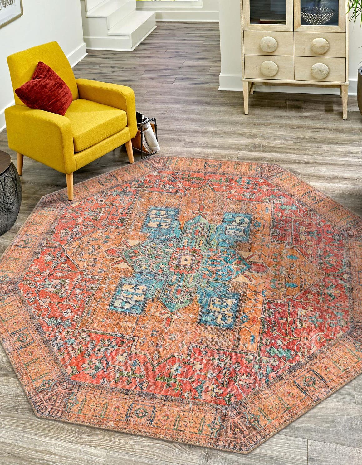 Washable Rust Red 5' 1 x 5' 1 Timeless Octagon Area Rug Easy to Clean Stain Resistant & Durable Traditional Classic Vintage Design Carpet for Sale at Rug Engine