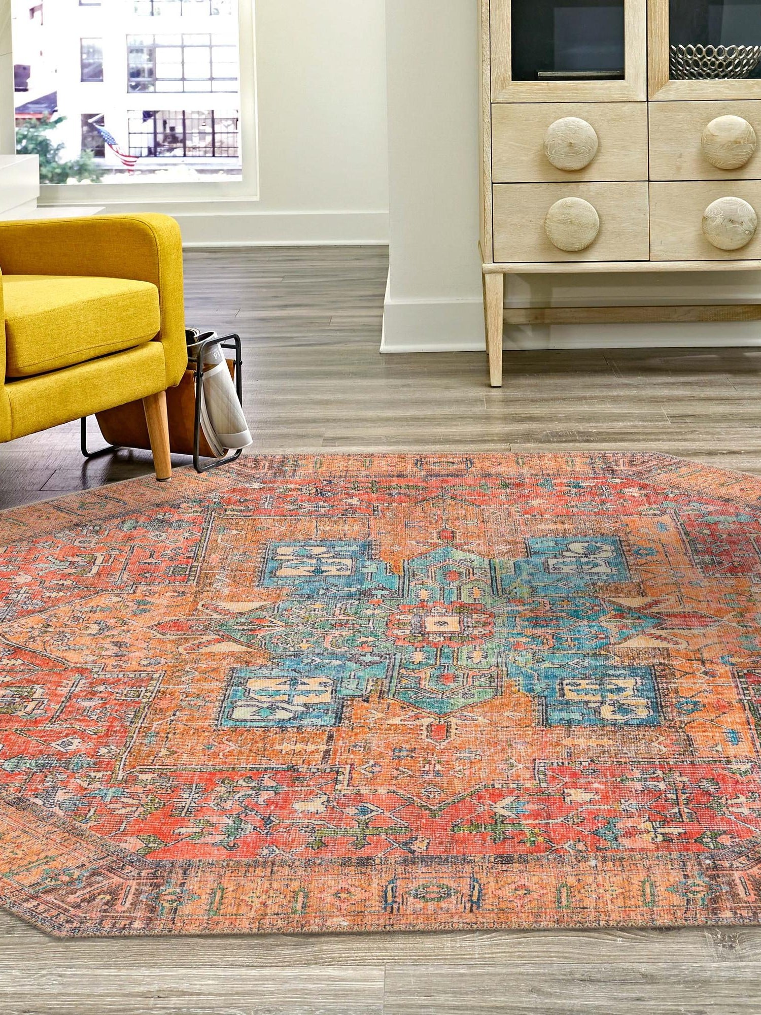 Washable Rust Red 5' 1 x 5' 1 Timeless Octagon Area Rug Easy to Clean Stain Resistant & Durable Traditional Classic Vintage Design Carpet for Sale at Rug Engine