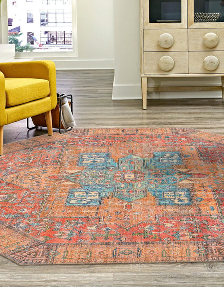 Washable Rust Red 5' 1 x 5' 1 Timeless Octagon Area Rug Easy to Clean Stain Resistant & Durable Traditional Classic Vintage Design Carpet for Sale at Rug Engine