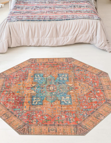 Washable Rust Red 7' 6 x 7' 6 Timeless Octagon Area Rug Easy to Clean Stain Resistant & Durable Traditional Classic Vintage Design Carpet for Sale at Rug Engine