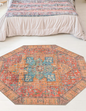 Washable Rust Red 5' 1 x 5' 1 Timeless Octagon Area Rug Easy to Clean Stain Resistant & Durable Traditional Classic Vintage Design Carpet for Sale at Rug Engine