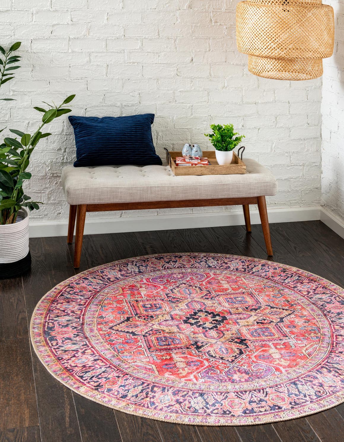 Washable Red 5' x 5' Timeless Round Area Rug Easy to Clean Stain Resistant & Durable Traditional Classic Vintage Design Carpet for Sale at Rug Engine