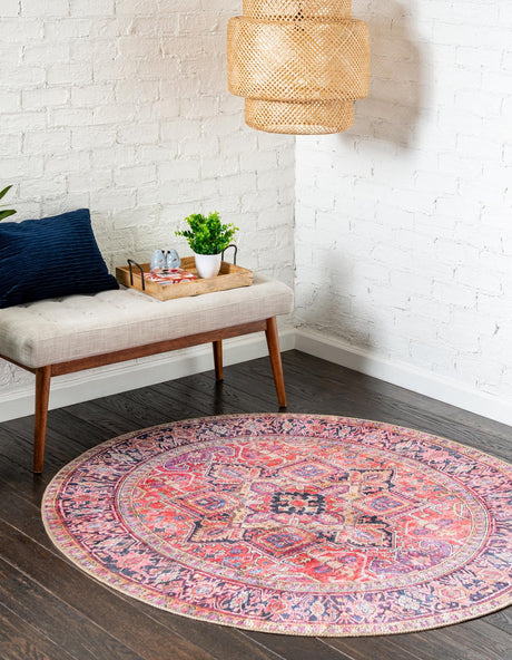 Washable Red 7' 7 x 7' 7 Timeless Round Area Rug Easy to Clean Stain Resistant & Durable Traditional Classic Vintage Design Carpet for Sale at Rug Engine