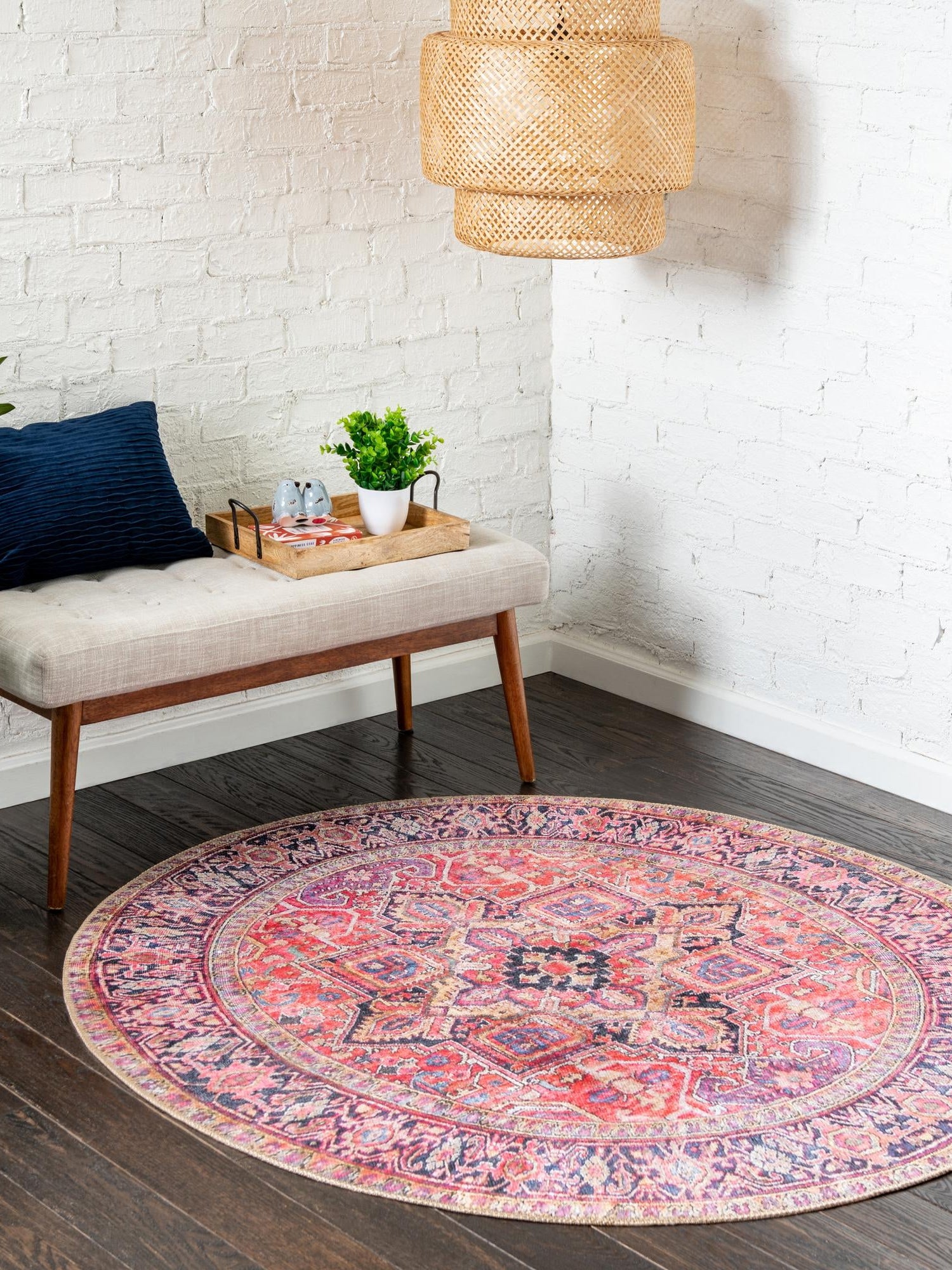 Washable Red 5' x 5' Timeless Round Area Rug Easy to Clean Stain Resistant & Durable Traditional Classic Vintage Design Carpet for Sale at Rug Engine