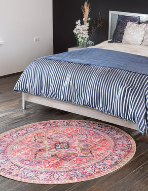 Washable Red 5' x 5' Timeless Round Area Rug Easy to Clean Stain Resistant & Durable Traditional Classic Vintage Design Carpet for Sale at Rug Engine