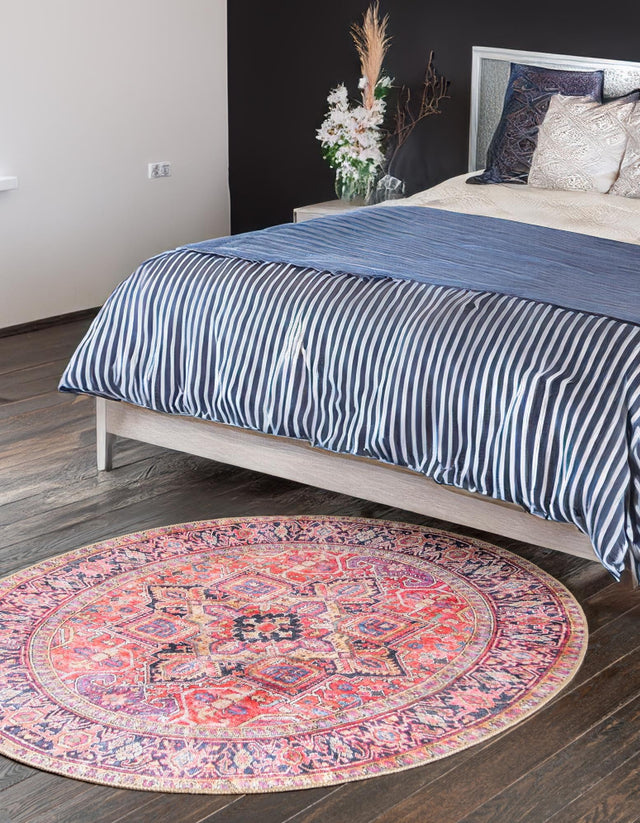 Washable Red 5' x 5' Timeless Round Area Rug Easy to Clean Stain Resistant & Durable Traditional Classic Vintage Design Carpet for Sale at Rug Engine