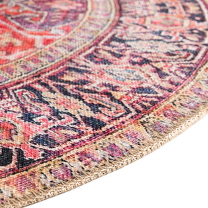 Washable Red 5' x 5' Timeless Round Area Rug Easy to Clean Stain Resistant & Durable Traditional Classic Vintage Design Carpet for Sale at Rug Engine