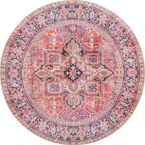 Washable Red 5' x 5' Timeless Round Area Rug Easy to Clean Stain Resistant & Durable Traditional Classic Vintage Design Carpet for Sale at Rug Engine