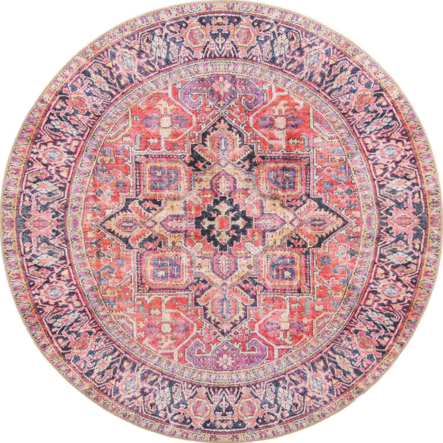 Washable Red 5' x 5' Timeless Round Area Rug Easy to Clean Stain Resistant & Durable Traditional Classic Vintage Design Carpet for Sale at Rug Engine