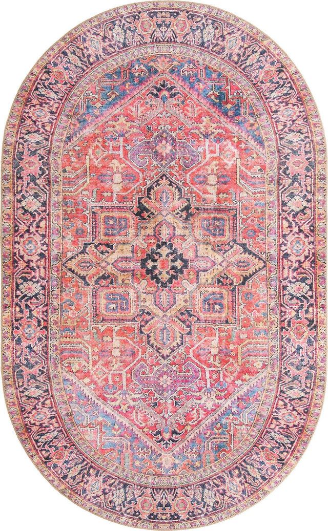 Washable Red 5' x 8' Timeless Oval Area Rug Easy to Clean Stain Resistant & Durable Traditional Classic Vintage Design Carpet for Sale at Rug Engine