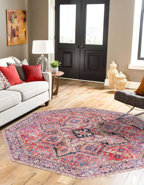Washable Red 7' 6 x 7' 6 Timeless Octagon Area Rug Easy to Clean Stain Resistant & Durable Traditional Classic Vintage Design Carpet for Sale at Rug Engine
