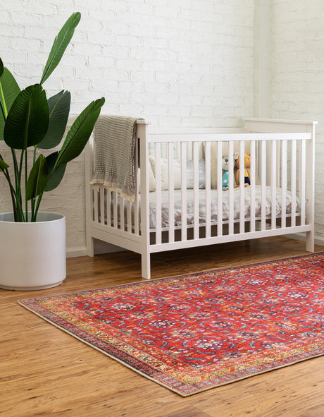 Washable Red 3' 6 x 5' 6 Timeless Rectangle Area Rug Easy to Clean Stain Resistant & Durable Traditional Classic Vintage Design Carpet for Sale at Rug Engine