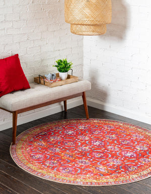 Washable Red 7' 7 x 7' 7 Timeless Round Area Rug Easy to Clean Stain Resistant & Durable Traditional Classic Vintage Design Carpet for Sale at Rug Engine