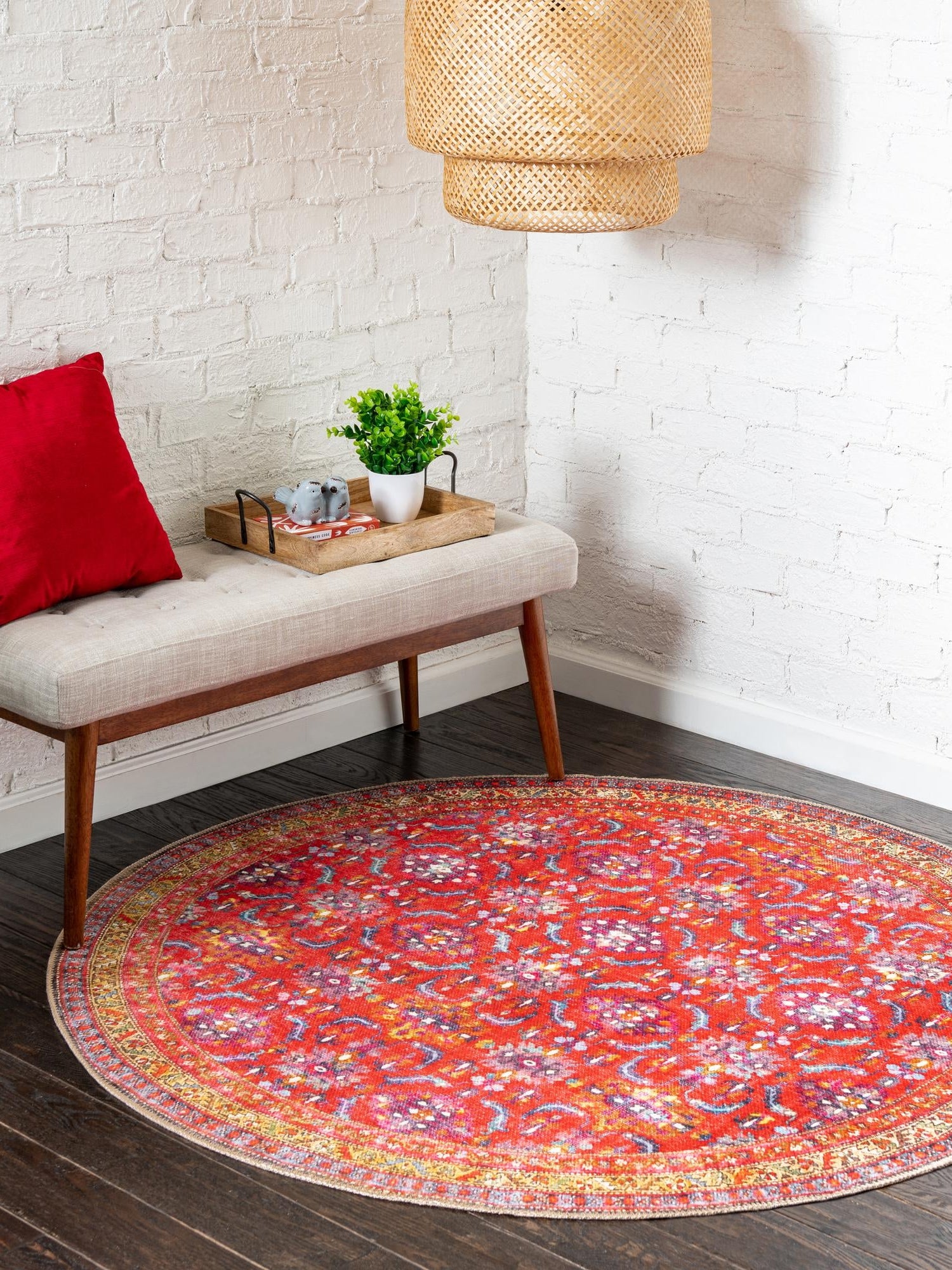Washable Red 5' x 5' Timeless Round Area Rug Easy to Clean Stain Resistant & Durable Traditional Classic Vintage Design Carpet for Sale at Rug Engine