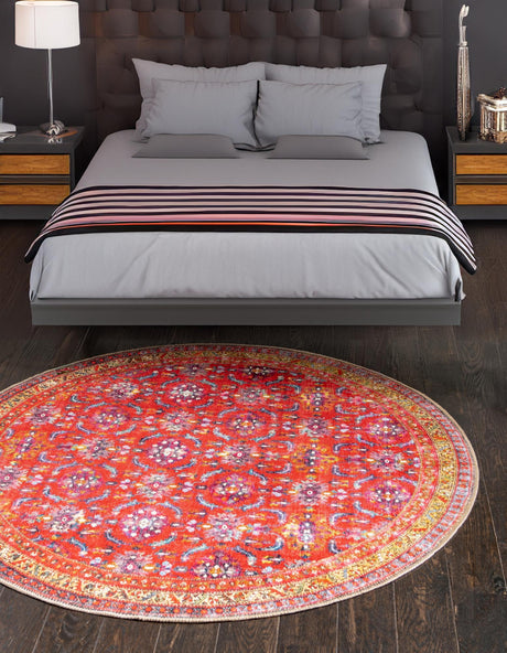 Washable Red 3' 6 x 3' 6 Timeless Round Area Rug Easy to Clean Stain Resistant & Durable Traditional Classic Vintage Design Carpet for Sale at Rug Engine