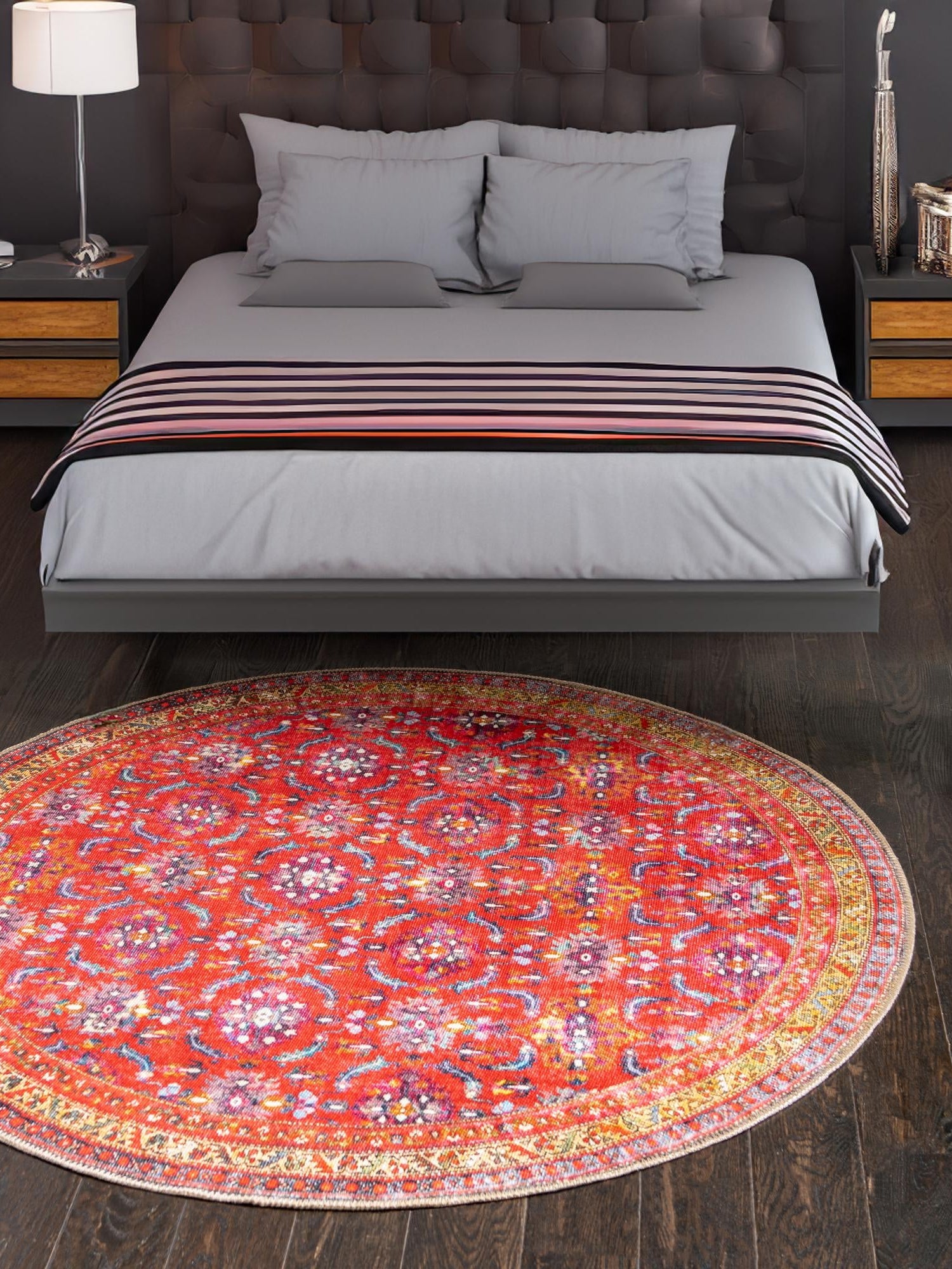 Washable Red 5' x 5' Timeless Round Area Rug Easy to Clean Stain Resistant & Durable Traditional Classic Vintage Design Carpet for Sale at Rug Engine