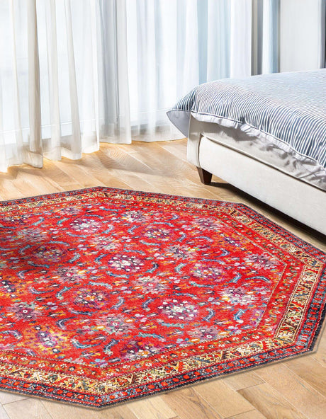 Washable Red 7' 6 x 7' 6 Timeless Octagon Area Rug Easy to Clean Stain Resistant & Durable Traditional Classic Vintage Design Carpet for Sale at Rug Engine