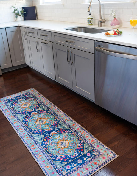 Washable Blue 2' 6 x 14' 1 Timeless Runner Area Rug Easy to Clean Stain Resistant & Durable Traditional Classic Vintage Design Carpet for Sale at Rug Engine