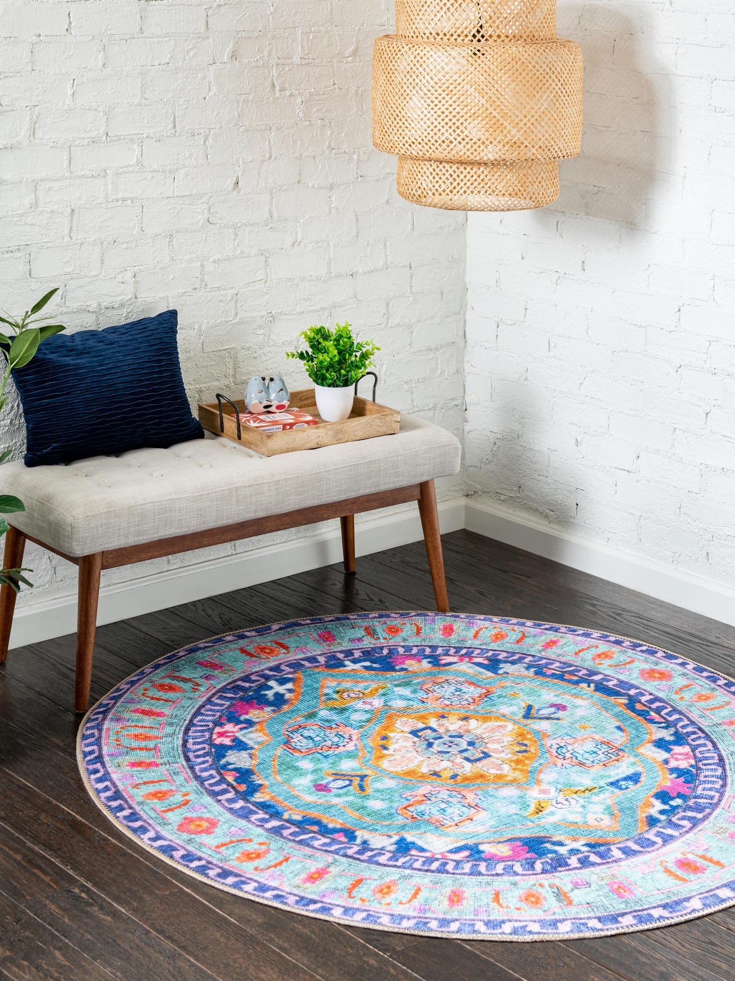 Washable Blue 7' 7 x 7' 7 Timeless Round Area Rug Easy to Clean Stain Resistant & Durable Traditional Classic Vintage Design Carpet for Sale at Rug Engine