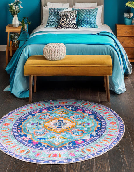 Washable Blue 5' x 5' Timeless Round Area Rug Easy to Clean Stain Resistant & Durable Traditional Classic Vintage Design Carpet for Sale at Rug Engine