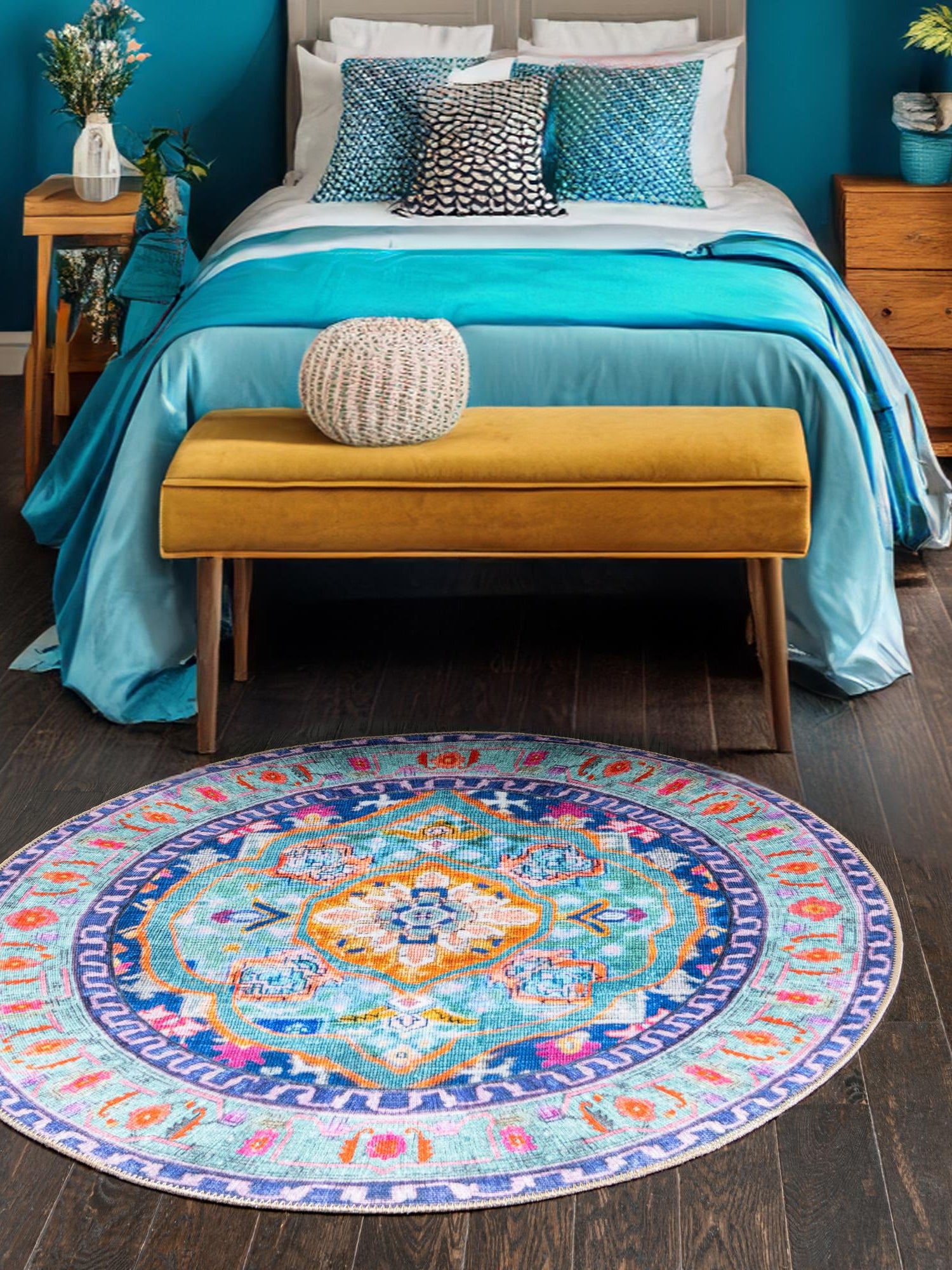 Washable Blue 3' 6 x 3' 6 Timeless Round Area Rug Easy to Clean Stain Resistant & Durable Traditional Classic Vintage Design Carpet for Sale at Rug Engine