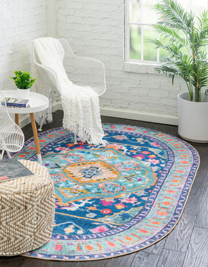 Washable Blue 5' x 8' Timeless Oval Area Rug Easy to Clean Stain Resistant & Durable Traditional Classic Vintage Design Carpet for Sale at Rug Engine