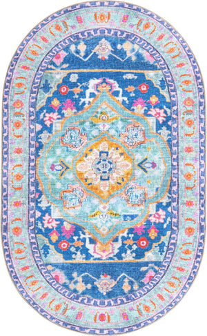 Washable Blue 5' x 8' Timeless Oval Area Rug Easy to Clean Stain Resistant & Durable Traditional Classic Vintage Design Carpet for Sale at Rug Engine
