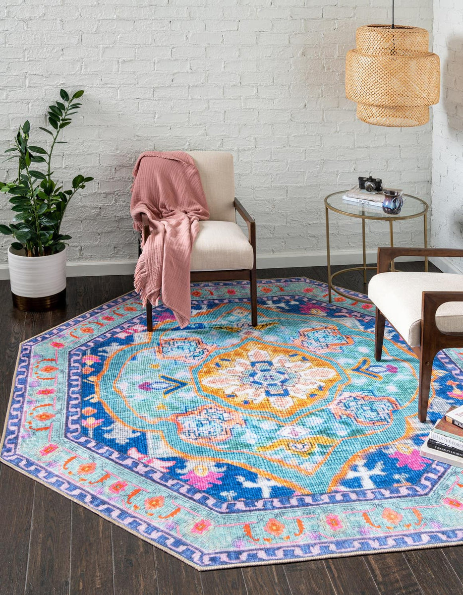 Washable Blue 7' 6 x 7' 6 Timeless Octagon Area Rug Easy to Clean Stai ...