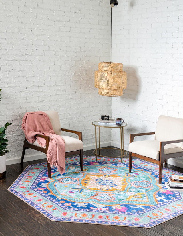 Blue 8' x 8' Timeless Washable Octagon Rug