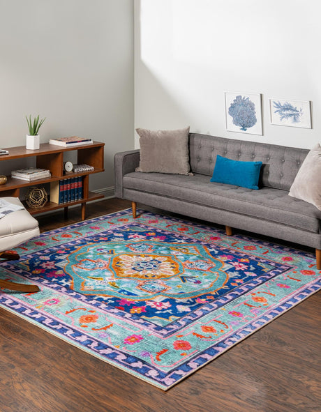 Washable Blue 7' 6 x 7' 6 Timeless Square Area Rug Easy to Clean Stain Resistant & Durable Traditional Classic Vintage Design Carpet for Sale at Rug Engine