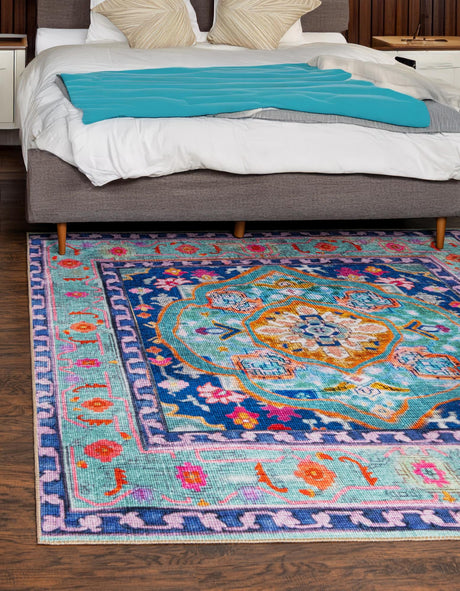 Washable Blue 7' 6 x 7' 6 Timeless Square Area Rug Easy to Clean Stain Resistant & Durable Traditional Classic Vintage Design Carpet for Sale at Rug Engine
