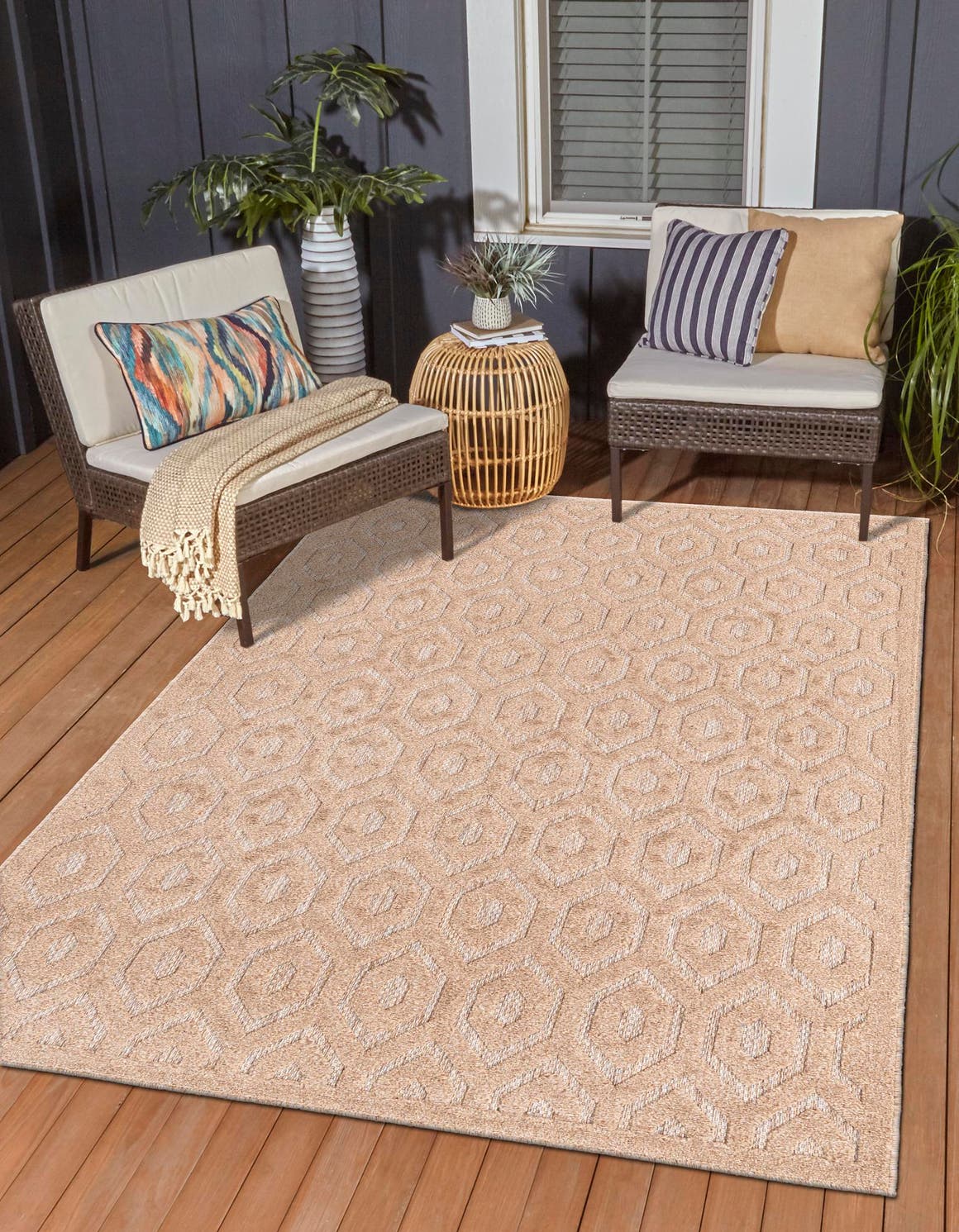 Beige 7' 10 x 10' Outdoor Trellis Textured Rectangle Area Rug Weather Resistant for Patio, Deck, Terrace, Balcony, Porch Geometric Design Water Safe Outside Carpet for Sale at Rug Engine