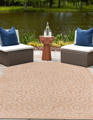 Beige 5' 3 x 8' Outdoor Trellis Textured Rectangle Area Rug Weather Resistant for Patio, Deck, Terrace, Balcony, Porch Geometric Design Water Safe Outside Carpet for Sale at Rug Engine