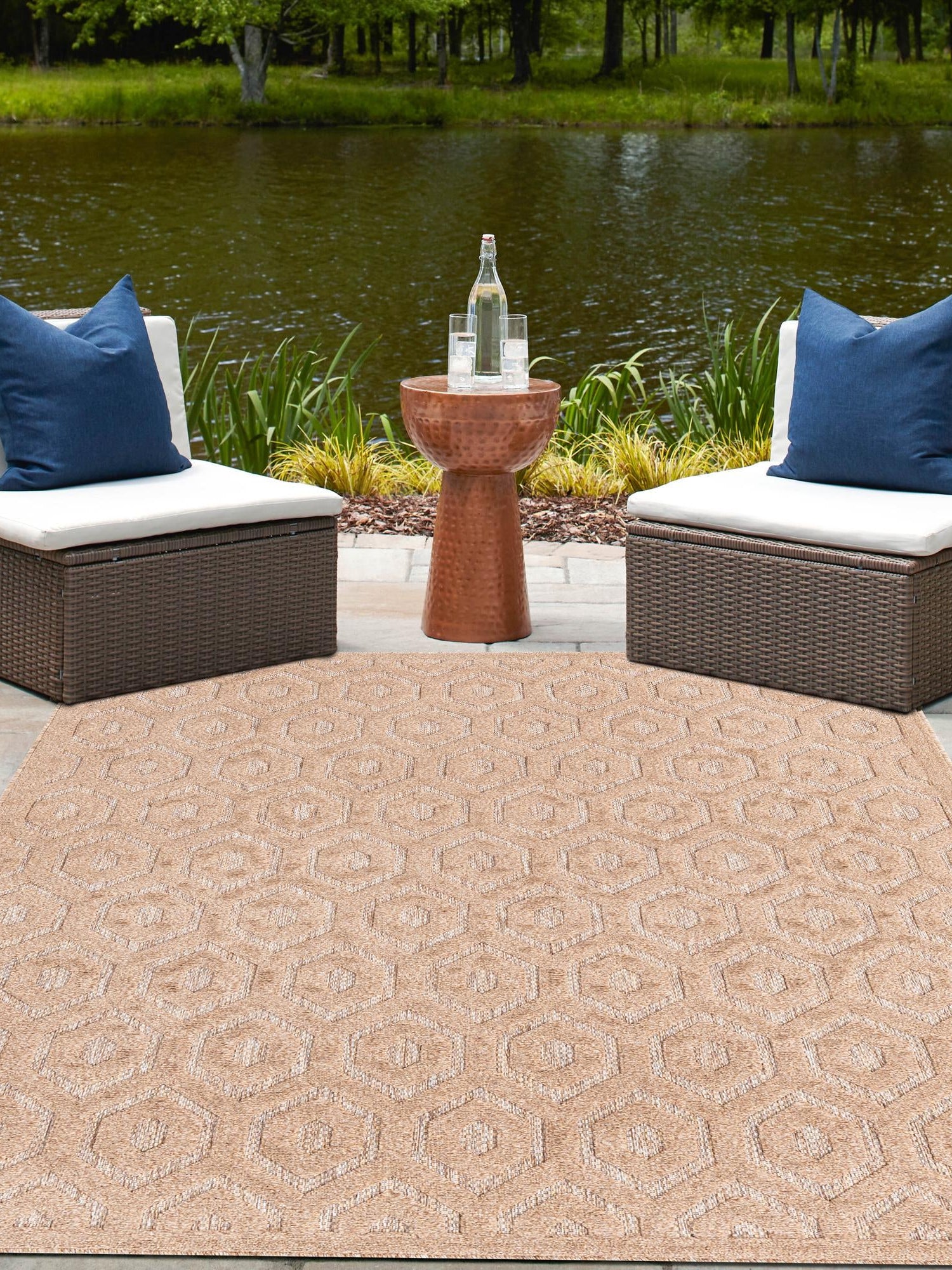 Beige 2' x 3' Outdoor Trellis Textured Rectangle Area Rug Weather Resistant for Patio, Deck, Terrace, Balcony, Porch Geometric Design Water Safe Outside Carpet for Sale at Rug Engine