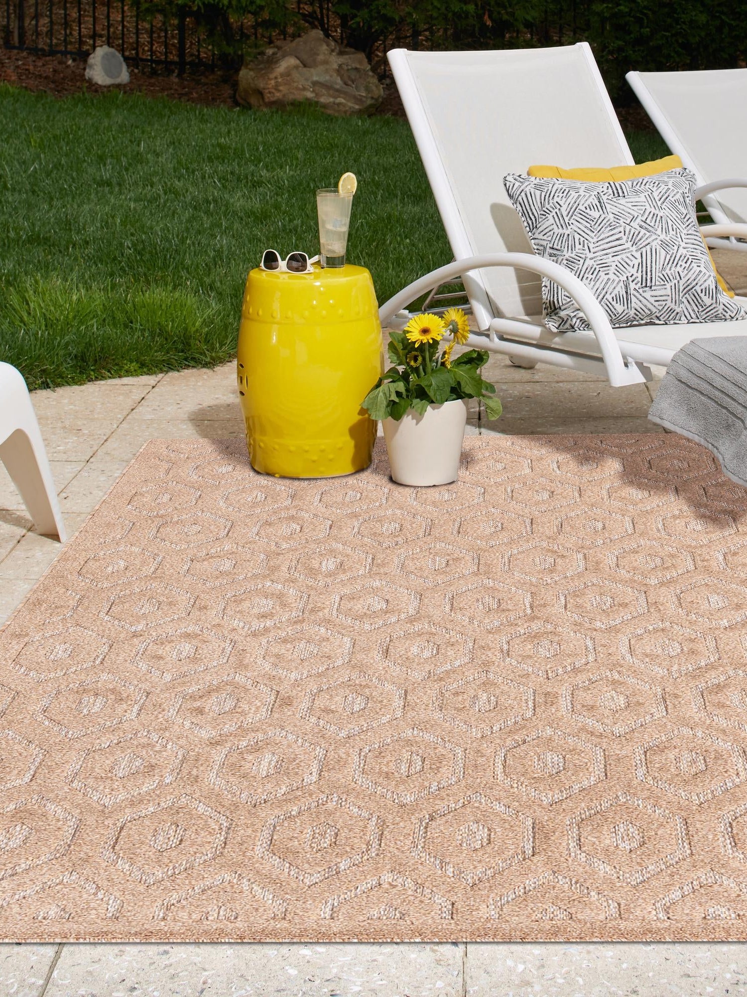 Beige 5' 3 x 8' Outdoor Trellis Textured Rectangle Area Rug Weather Resistant for Patio, Deck, Terrace, Balcony, Porch Geometric Design Water Safe Outside Carpet for Sale at Rug Engine