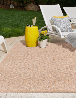 Beige 5' 3 x 8' Outdoor Trellis Textured Rectangle Area Rug Weather Resistant for Patio, Deck, Terrace, Balcony, Porch Geometric Design Water Safe Outside Carpet for Sale at Rug Engine