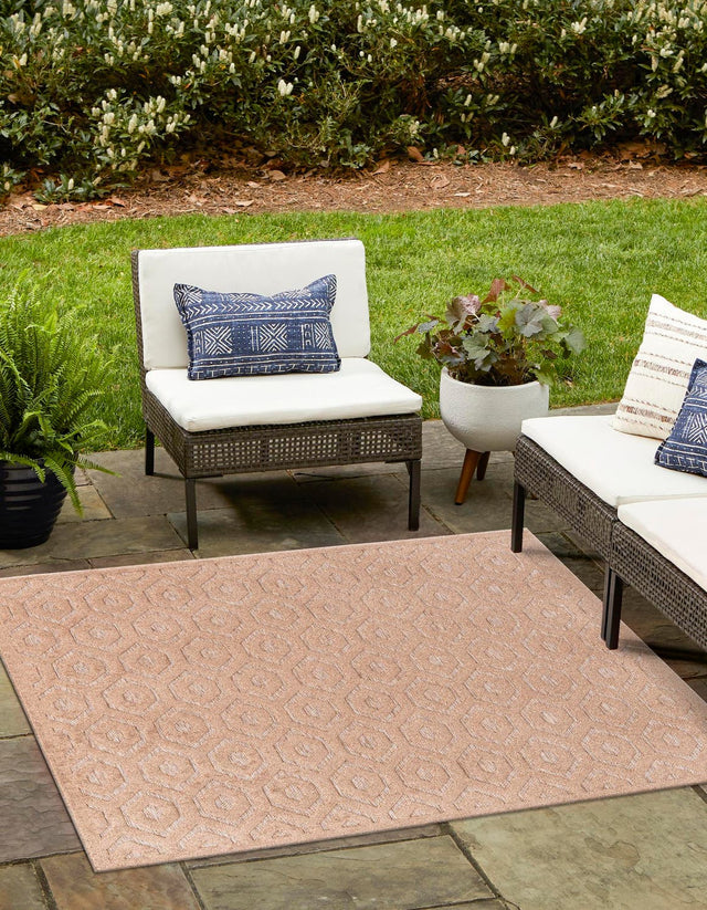 Beige 7' 10 x 7' 10 Outdoor Trellis Textured Square Area Rug Weather Resistant for Patio, Deck, Terrace, Balcony, Porch Geometric Design Water Safe Outside Carpet for Sale at Rug Engine