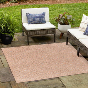Beige 7' 10 x 7' 10 Outdoor Trellis Textured Square Area Rug Weather Resistant for Patio, Deck, Terrace, Balcony, Porch Geometric Design Water Safe Outside Carpet for Sale at Rug Engine