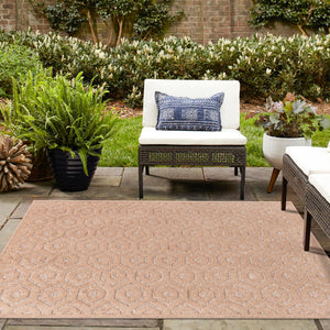 Beige 7' 10 x 7' 10 Outdoor Trellis Textured Square Area Rug Weather Resistant for Patio, Deck, Terrace, Balcony, Porch Geometric Design Water Safe Outside Carpet for Sale at Rug Engine
