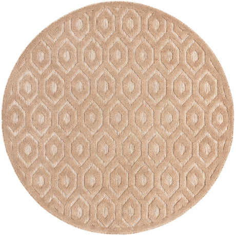 Beige 7' x 7' Outdoor Trellis Textured Round Area Rug Weather Resistant for Patio, Deck, Terrace, Balcony, Porch Geometric Design Water Safe Outside Carpet for Sale at Rug Engine